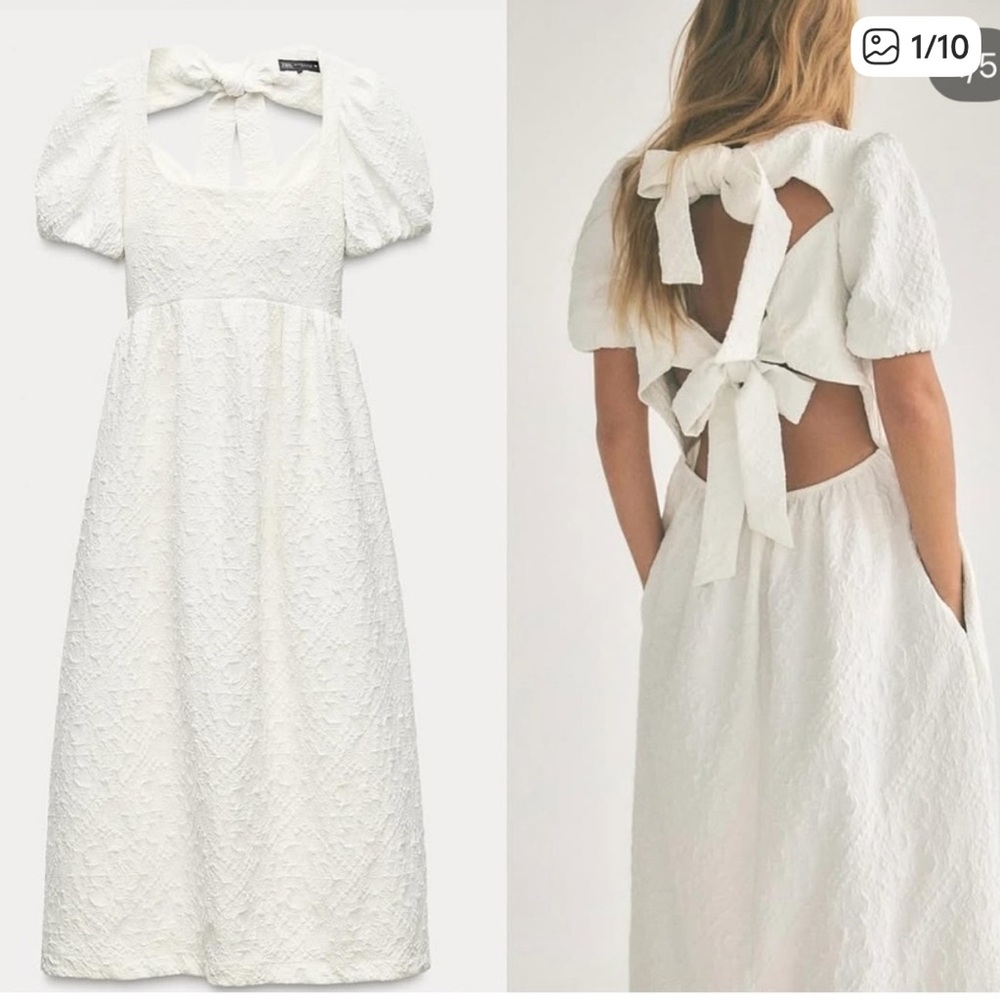 Zara Cream Jacquard Dress with Puff Sleeves NWT